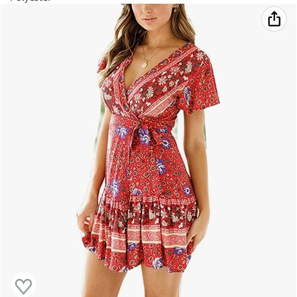 Zesica Red Floral Flowy Bohemian Wrap Mini Dress, Women’s Size Small - Picture 2 of 6